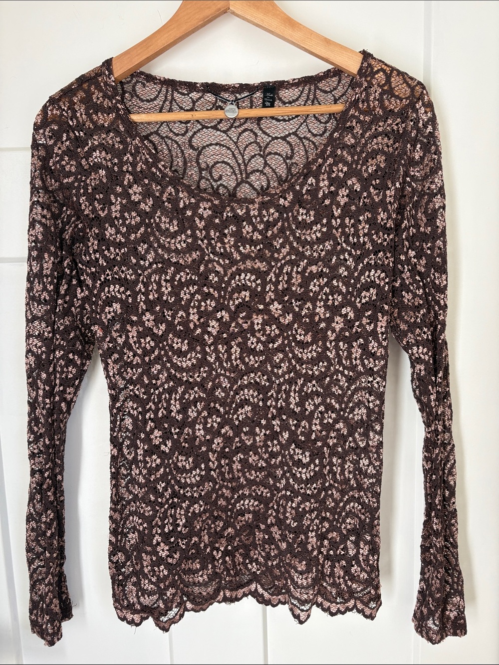 BKE Women's Brown Lace Long-Sleeve Top
